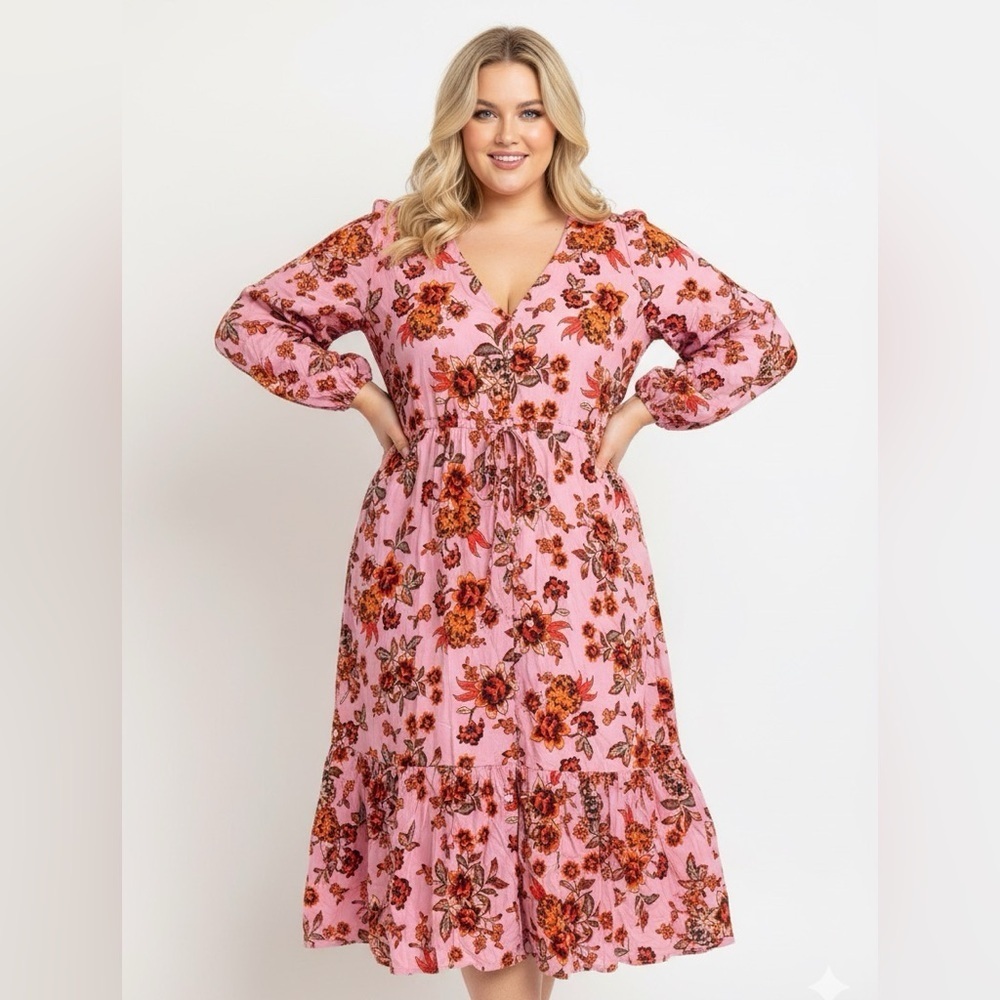 Candace Cameron Bure Pink Floral Midi Dress size XLarge